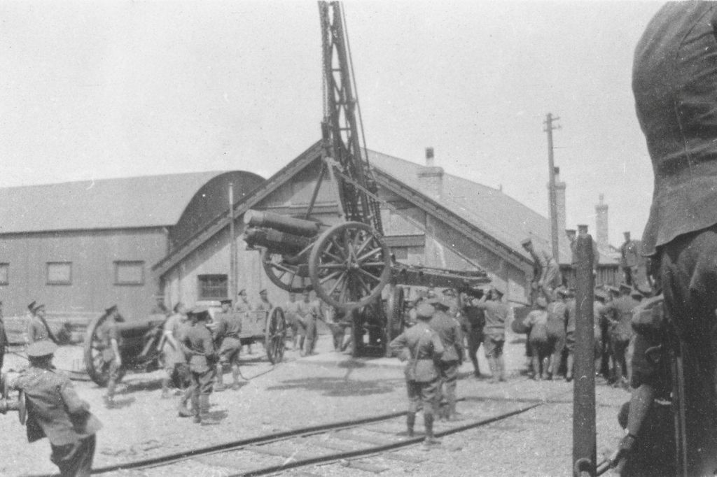 Unloading a 8 inch howitzer from a rail car