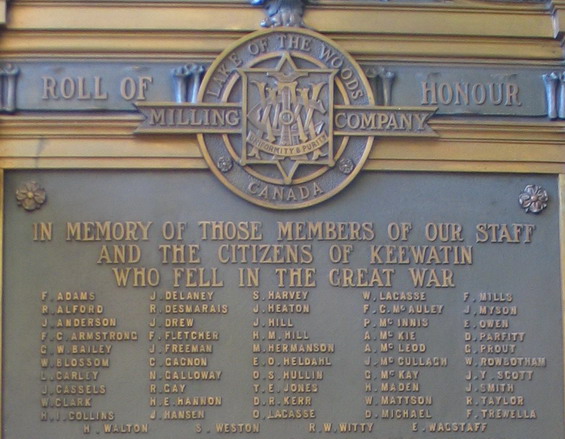 Roll of Honour - Lake of the Woods Milling Company plaque